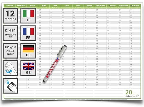 Kalenderoutlet Din B1 Calendario perpetuo international cancellabile calendario compleanno calendario (100 x 70 cm) incluso 1 pennarello - ARROTOLATO - sempre utilizzabile grande - italiano
