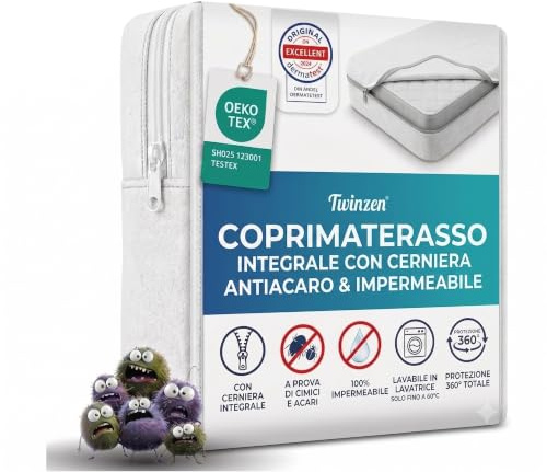 Twinzen - Coprimaterasso 160x200 x 20 cm Matrimoniale con Cerniera - Fodera Materasso 160x200 x 20 cm Matrimoniale - Impermeabile, Antiacaro e Anticimici - Bi-Ome & Oeko-Tex