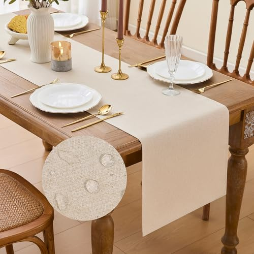 MAIBAOTA Beige Table Runner 40 x 240 cm, Waterproof Linen Table Runner for Dining Tables, Garden Parties, Family Gatherings & Home Decor, Sunday Roasts, Machine Washable Table Runner