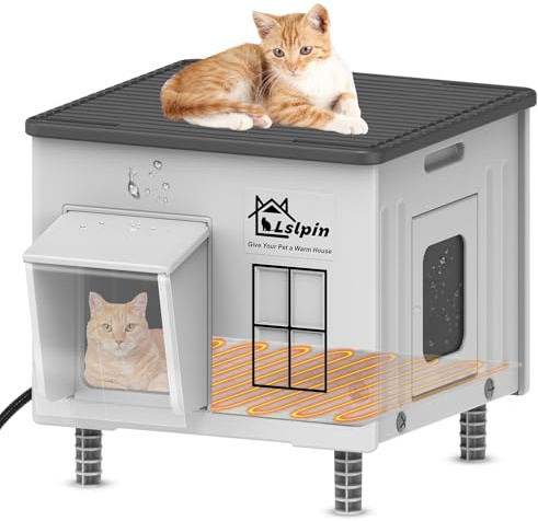 Indestructible Heated Cat House for Outside Cats Winter,Weatherproof & Insulated & Elevated Feral Cat House with Escape Door, Outdoor Indoor Cat Shelter for Stray Barn Cat 17.7×14.9×17.5