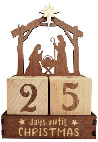 Jul nedräkningskalender – 25 dagar trä födelsestyrka advent, religiös bordsskiva julprydnad | För vardagsrumshylla mantel vintersemester inomhus utomhus festival firande