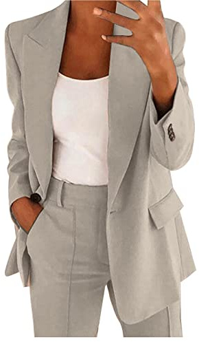 Generisk tracksuit dam elegant byxdräkt dam kostym-set, affärskostym casual tvådelad enfärgad fritidsdräkt långärmad kavaj byxor höst loungewear revers fritidsoverall, Beige, XXL