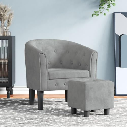 Runheo Poltrona club con poggiapiedi, velluto grigio chiaro, design moderno, struttura in legno resistente, comoda imbottitura, per soggiorno, camera da letto, ufficio, angolo lettura