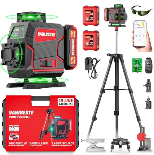 Vahlbeste Niveau Laser avec Trepied, 4D 16 Lignes Laser Chantier avec 2x4800mAh Batterie et Affichage LED, Niveau Laser 360 Autonivelant, Télécommande, APP, IP54 pour la Construction