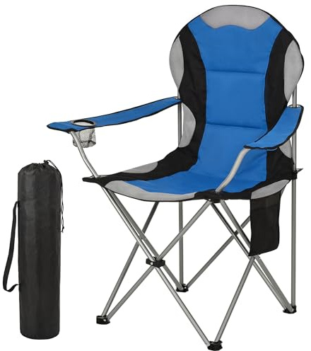 ROPODA Campingstuhl Faltbar, Klappstuhl Camping 150kg mit Hoher Rückenlehne, Armlehnen, Getränkehalter & Seitentasche, Gepolsterter Camping Stuhl für Outdoor, Garten, Angeln, Strand, Blau