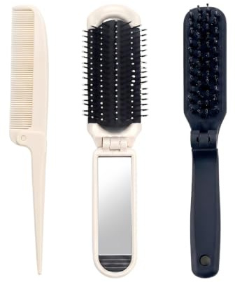 PYRUVAE 3 Pezzi Spazzole per Capelli Pieghevoli con Specchio Estraibile, Include Spazzola con Setole di Cinghiale, Spazzola a Cuscinetto e Pettine a Coda, Portatile da Viaggio per Uomo Donna
