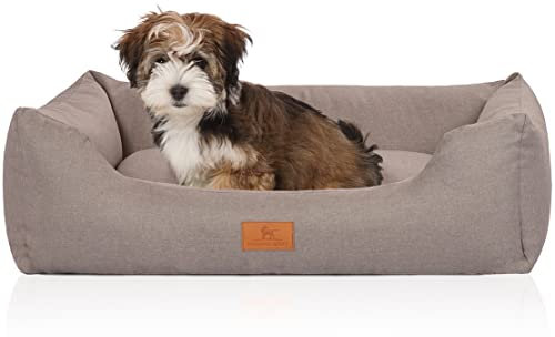 Knuffelwuff Hundebett Lotte aus Velours mit feinem Handwebcharakter M-L 85 x 63cm Lichtgrau - abnehmbarer Bezug - waschbar - für große, mittelgroße und kleine Hunde