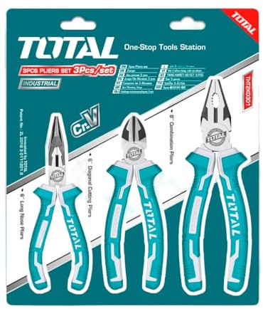 TOTAL - Juego de 3 Alicates | 1x Universal de 180 mm | 1x Corte de 160 mm | 1x Plano de 160 mm | Mango Ergonómico de Fibra | Cromo Vanadio