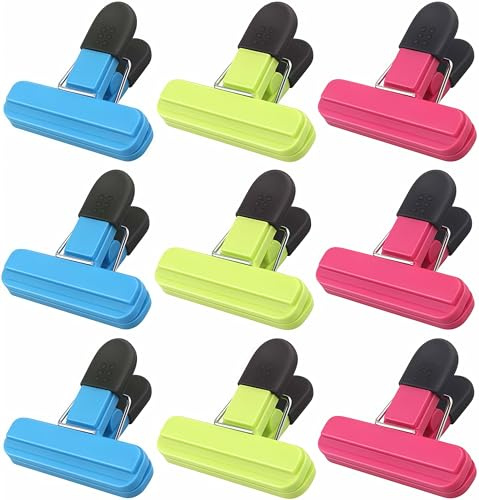 MEKEET 9Pcs Food Clips for Bag Sealing, Reusable Kitchen Food Clips for Bags, Freezer Bag Clips, Airtight Storage, 3 Colours for Home, Kitchen, Travel & Camping