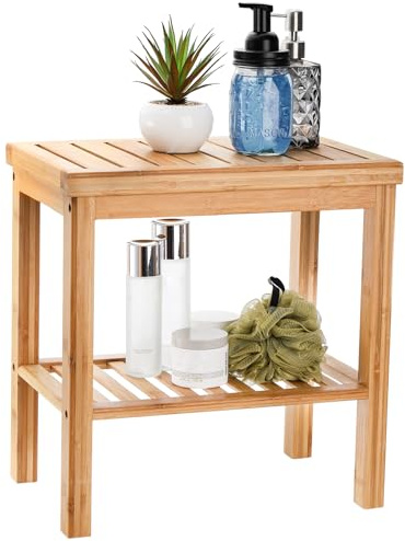 SOUJOY Bamboo Shower Bench, Bath Seat Stool, Spa Foot Rest Shaving Stool, Storage Shelf for Shampoo Towel, Works in Inside Bathroom, Living Room, Bedroom, Garden Leisure