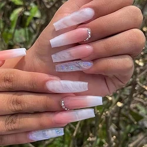 Luvadeyo 24 pcs Gradient Pink Press on Nails Coffin Long Fake Nails Bling False Nails Rhinestone Design White Nails Full Cover False Nail Tips