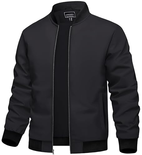 TACVASEN Veste pour Hommes Automne Imperméable Coupe Vent Bombers Homme Légère et Résistante Noir L