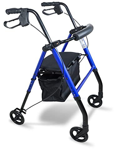 AidaLightweight Folding Four Wheeled Rollator.6 Wheels,Ergonomic Handle Brakes,Parking Brake,Fabric Padded Seat,Shopping Bag,Height Adjustable Handles&Legs,Flip Up Backrest,Aid,Elderly,Mobility