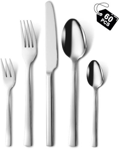 Besteck Set 12 personen, Hunnycook 60-teilig Edelstahl Essbesteck mit Gabel Löffel Messer, Besteckset für Hause Restaurant Im Freien, Hochglanzpoliert, Spülmaschinenfest