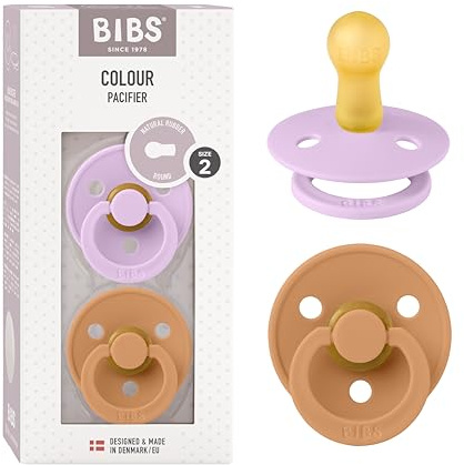 BIBS Colour Soother 2-Pack, BPA Free Dummy Pacifier, Round Nipple. Natural Rubber Latex, Made in Denmark, Size 2 (6-18 Months), Violet Sky/Pumpkin