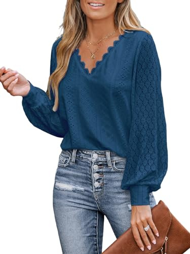 CUPSHE Camicetta da Donna con Pizzo Intagliato e Orlo Smerlato, Maniche Lunghe in Pizzo, Scollo a V, Polsini a Fascia, Elegante e Chic, Blu, M