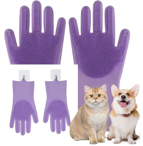 XOUDKE Katzen Handschuhe Fellpflege, katzenbürste handschuh, katzenhandschuh fellpflege kurzhaar, Haustier Handschuh Bürste für Katze, Hund, Pferd, kurzem Fell, lebensmittelechtes Silikon (lila)