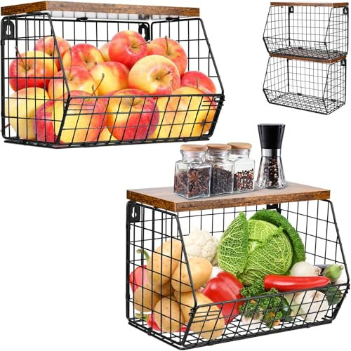 HATANSE Corbeille a Fruit à 2 Etages, Panier a Fruit de Mural, Empilable et Montable au Mur avec Couvercle en Bois pour Rangement Fruits Légumes et Les Articles de Toilette