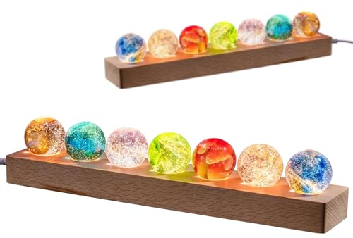 FIYSON Sfera di cristallo 3D, luce notturna, USB 40 mm, 7 pezzi, astronomia colorata a LED, con base in legno, decorazione per la cameretta dei bambini, ragazzi e ragazze (stile 1)