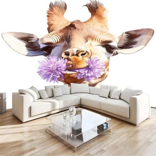 Giraffen-Lila-Blume Fototapete 3D Effekt 400 x 280cm Fototapeten Wandbild Motivtapeten Vlies-Tapeten Moderne Wandtapete Wand Wohnzimmer Spielzimmer Dekoration