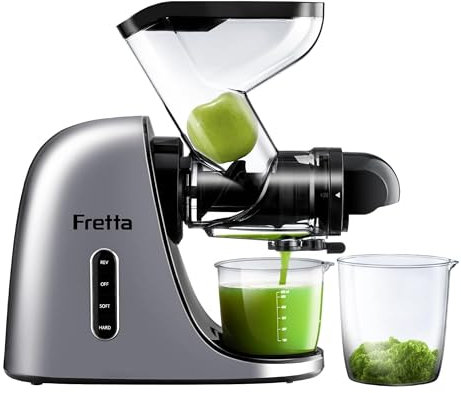 Fretta Licuadora prensado en frío,Extractor de zumos y verduras,Cold press slow juicer machine tolva de 3pulgadas,Motor Silencioso y Función Inversa,SinBPA, fácil de limpiar (plata)