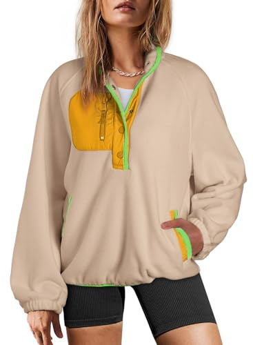 Dokotoo Womens Early Fall Fashion 2025 Fuzzy Fleece Color Block Sweatshirt Quarter Button V Neck Long Sleeve Loose Casual Cute Side Pockets Soft Pullover Sweatshirts Tops Outwear Coat Khaki X-Large