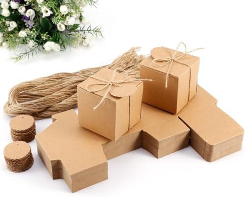 50 Stück Kraftpapier Kleine Geschenkboxen 7x7x7cm Geschenkschachtel Gastgeschenk Boxen mit Geschenkanhänger Pappschachteln mit Deckel für Partys, Geburtstage, Hochzeiten, Taufen, Veranstaltungen