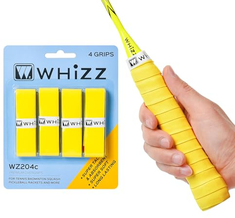 BAIHUALIN Whizz Bande antidérapante pour raquette de badminton de tennis (4 poignées) – Adhérent/séchage rapide/toucher doux – Poignée de pickleball pour squash, jaune clair