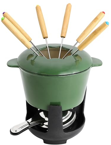 MegaChef Enameled Cast Iron Fondue Pot Set with 6 Serving Forks – Perfect for Chocolate, Cheese, and Snack Fondue, Vibrant Green Cookware