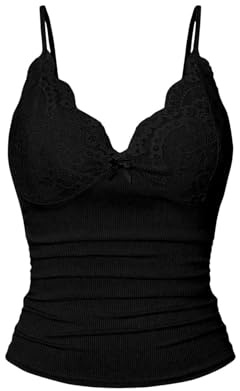 GORGLITTER Women's Scalloped Bow Lace Cami Tops Ruched Sexy Skinny Crop Top | Sexy Gothic Y2k Style, Going Out Tops, Party Tops, Lace Top, Cami Vest Top for Party, Festival Concert