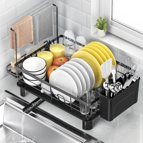 Scolapiatti, Scaffale per Stoviglie con Scolapiatti, Organizzatore da Cucina per Piatti, Tazze e Strofinacci, Salvaspazio Design con Portaposate, Materiale Antiruggine, Drenaggio Regolabile Nero