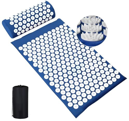 Acupressure Mat and Pillow Set, Acupuncture Massage Mat for Relieving Back, Neck, Feet Pain Muscle Tension Stress Reduction Wellness Therapy, Spike Mattress with Carry Bag for Men Women (Blue)