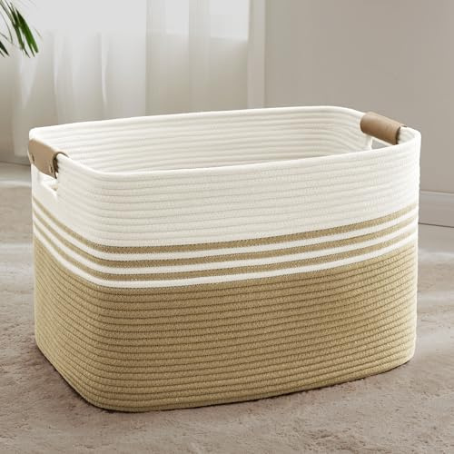 Cesto grande para ropa trenzado en cuerda de algodón, 86L, recipiente con asas de cuero, para mantas, ropa, juguetes, de lavandería para habitación infantil o salón, 60x40x36 cm, blanco y caqui