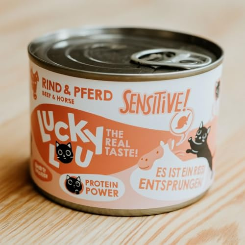 ANIMALUJOS - Lucky Lou Sensitive Carne de Vacuno y Caballo 200 g- Gatos-Gatitos -Seniors – Alimento húmedo Completo para Gato Adulto Sensible, sin Cereales, digestión Suave - 6 Unidades.
