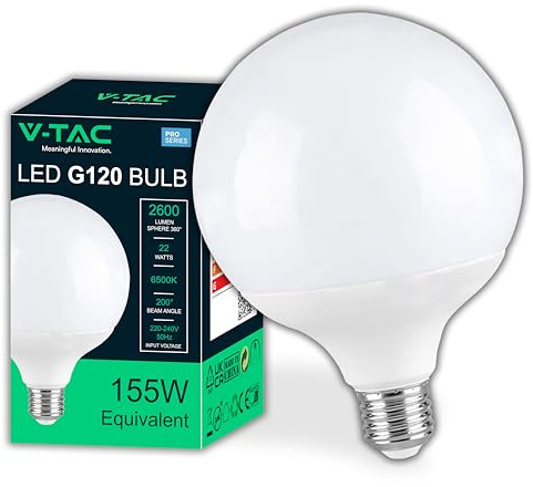V-TAC Bombilla LED Globo E27-22W (Equivalente a 155W) G120-2600 Lumen - Bombilla LED Máxima Eficiencia y Ahorro Energético - 6500K Blanc Frío