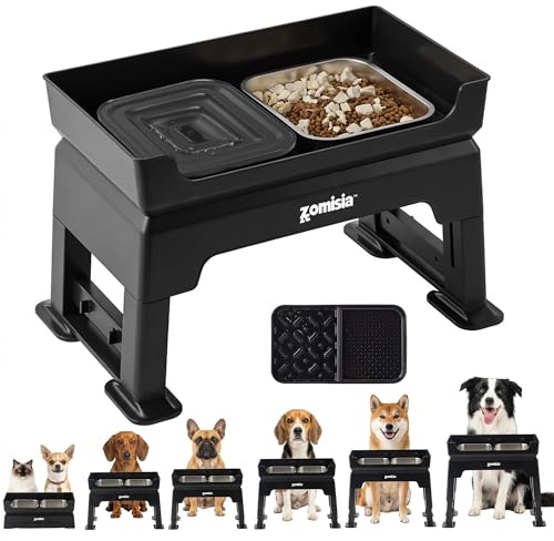 ZOMISIA 3-in-1 Raised Dog Bowl - 6 Height Adjustable Elevated Dog Bowls, Double Deck Design Mess Proof, Feeding Station with 2L No Spill Stainless Steel Bowls & Licking Plate for Medium Large Pets