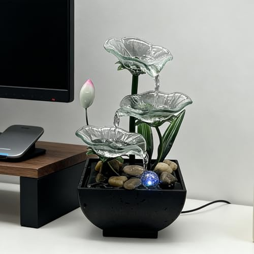AOZITA Tabletop Water Fountain,3-Tier Transparent Glass Lotus Leaf Zen Fountain,Indoor Water Feature with LED Bead,Lotus Bud for Home Office Bedroom Decor,Relaxing Water Sound,Feng Shui Decor