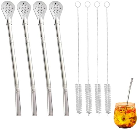 8 filtros de té, cucharas de paja, 4 pajitas de acero inoxidable con 4 cepillos de limpieza, pajitas reutilizables, cepillo de limpieza de acero inoxidable, pajitas con cuchara de filtro para café