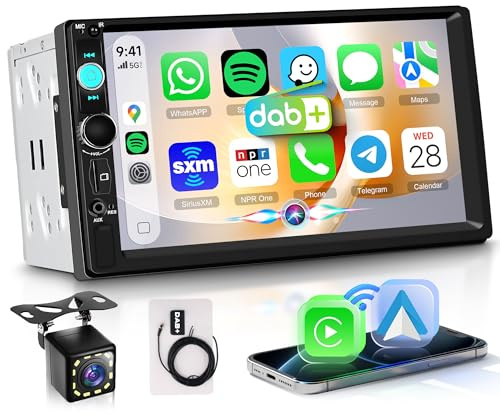 Rimoody DAB+/DAB Autoradio 2 Din con Wireless Carplay Android Auto iOS/Android Mirror Link, 7 Pollici Touchscreen Radio con Bluetooth 5.2 FM Radio USB/EQ Controllo del Volante Telecamera Posteriore