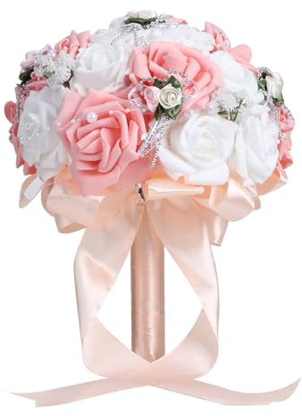 Mimdixy Bouquet da sposa per la sposa, bouquet da damigella d'onore per matrimonio, fiori di rosa artificiali da sposa, fiori per damigella d'onore per matrimonio, festa e chiesa (Rosa)
