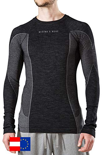 Merino & More Maglia da uomo a maniche lunghe, in lana merino, lunga, colore nero/grigio, nero/grigio, M
