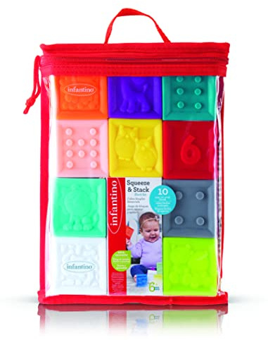 Infantino - Squeeze and Stack Blocks Set - Activity Toy Set - Sensory Toys - 10 Pieces Set - Intriduction to colors, counting, sorting and numbers - Multiple Toys, Colors and Textures - BPA Free - 0m+