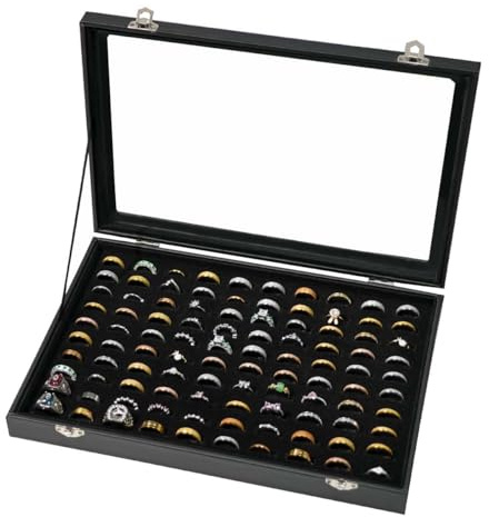 GISK 100 Slots Ring Display Case with Transparent Lid Ring Storage Box Rings Holder Case For Store Display Home Jewelry Display Rings Organizer Earring Holder Display Tray