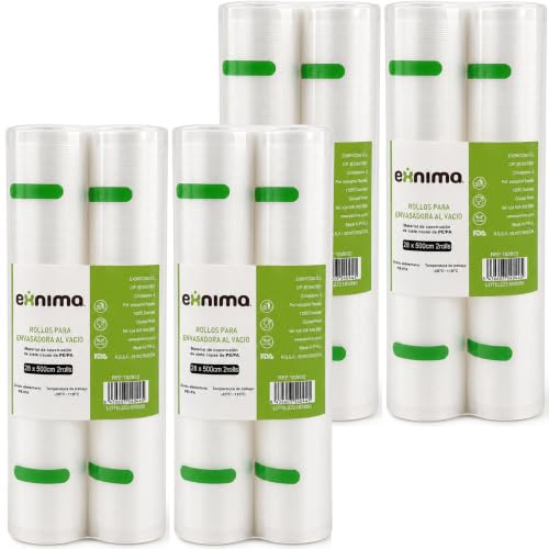 EXNIMA, PACK 8 enheter, Vakuumförpackningar, Präglade väskor, Perfekt för livsmedelsbevarande, Vakuumpåsar, Köksredskap, Tillbehör, Mått 28x500cm.