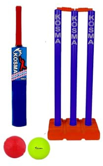 Kosma Kwik - Set da cricket per bambini con borsa, mazza da cricket n. 1 (58,4 cm), 2 palle, 3 wicket, 33 cm, con aste e supporto, rifinito in un vivace colore rosso e blu reale