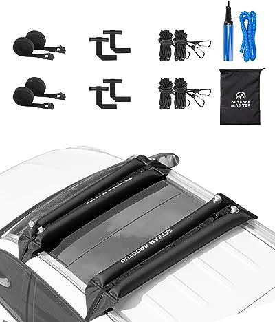Universelle aufblasbare weiche Dachträger für Kajaks, Kanus, Surfbretter und SUP-Boards; 4 * 15-Fuß-Zurrgurte, 4 * 15-Fuß-Bug- und Heckleinen im Lieferumfang enthalten, 4 Schnellschlaufengurte