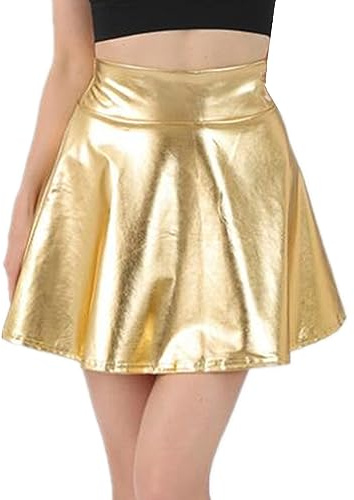 SamHeng Femme Jupe Patineuse Extensible Métallisée Métallisée Shiny Mini Jupe Taille Haute, pour Femmes et Filles-Or