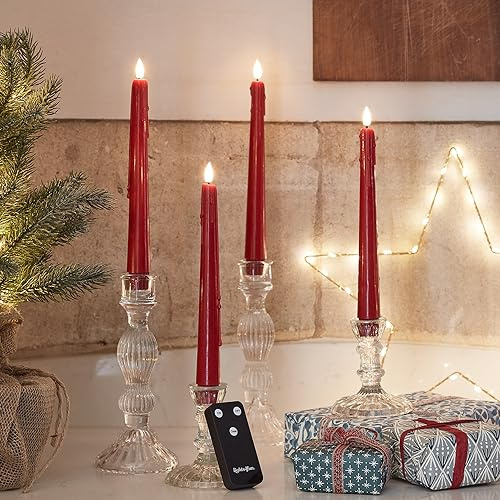 Lights4fun Set di 4 candele TruGlow® in vera cera rossa che cola con LED bianco caldo a batteria