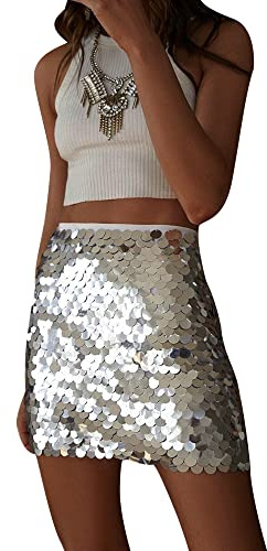 Fiacafyo Dam glänsande paljett minikjol glittrande höft glitter bodycon danskjolar låg stigning Y2k rave party klubb natt blyertskjolar, A-silver, L
