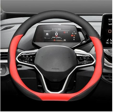 Ratt Täcker För VW ID3 För Magotan ID6X För Golf För 8Pro ID4 För CROZZ För Tiguan För Jetta För Passat Läder D Typ Bilrattkåpa Rattlindning(Black red)